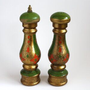 Vintage Italian Florentine Lacquered Green Gold Pepper Mill and Salt shaker SET